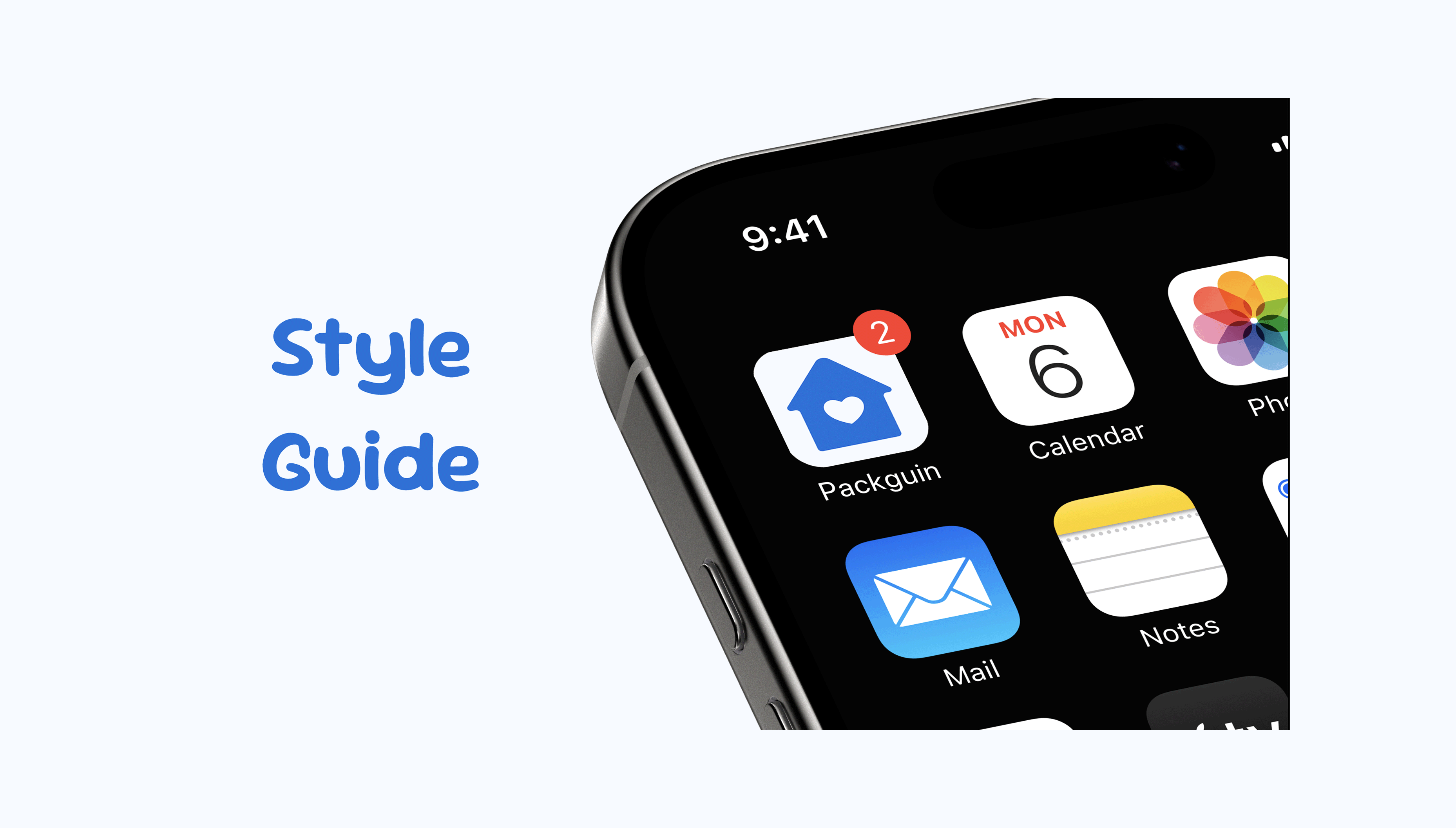 Style guide page with app mockup